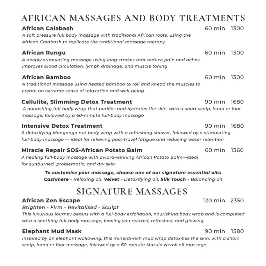 Botlierskop Fijnebos Spa Menu