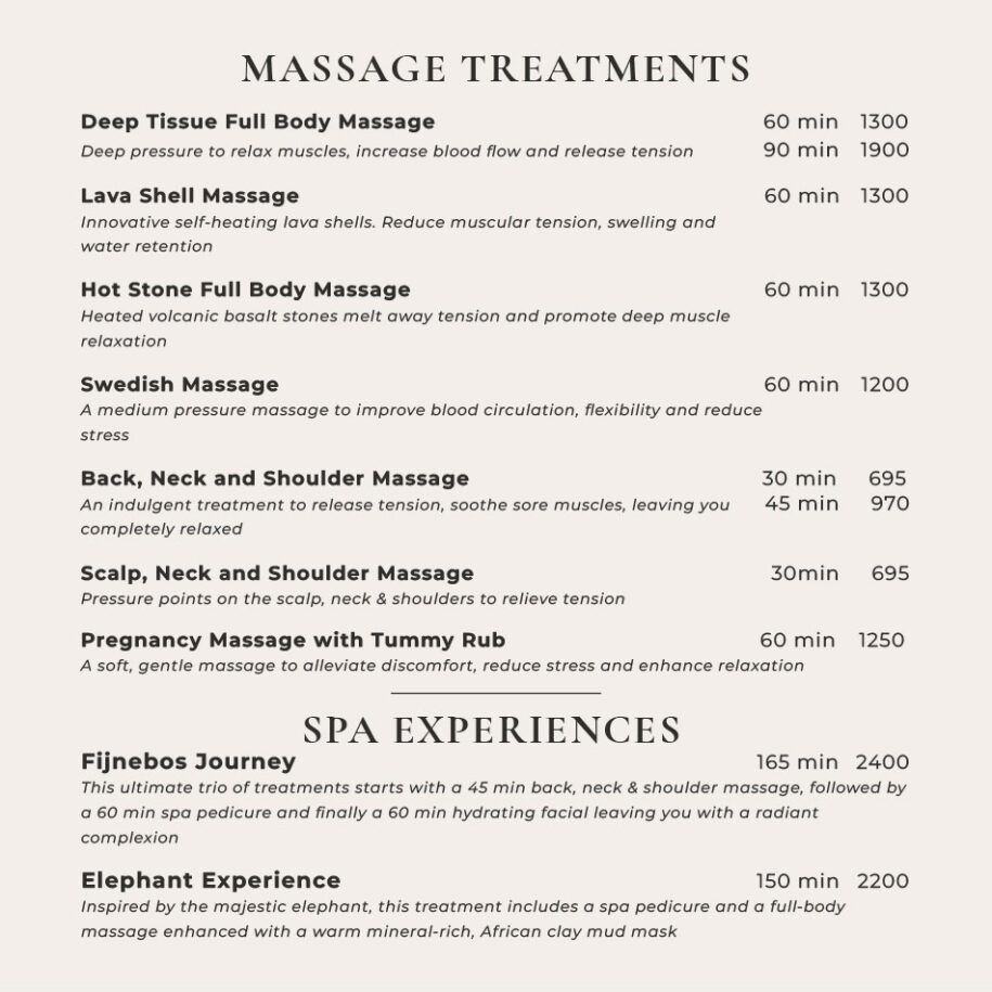 Botlierskop Fijnebos Spa Menu