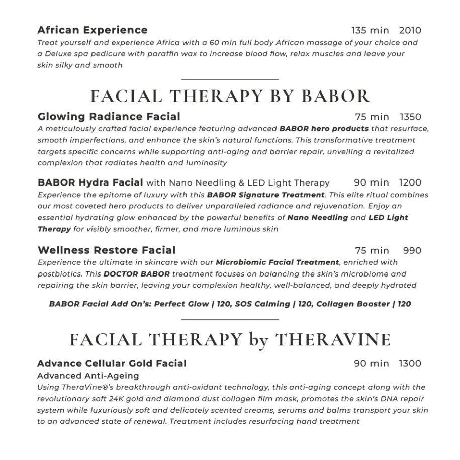 Botlierskop Fijnebos Spa Menu
