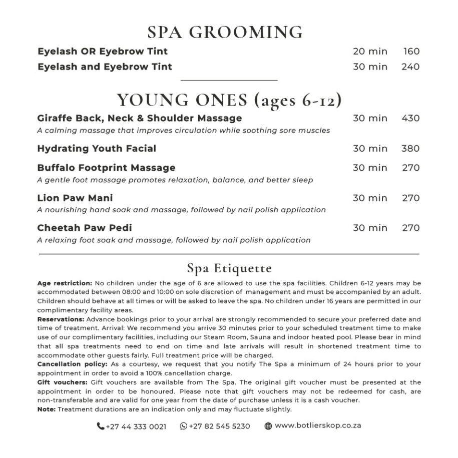 Botlierskop Fijnebos Spa Menu